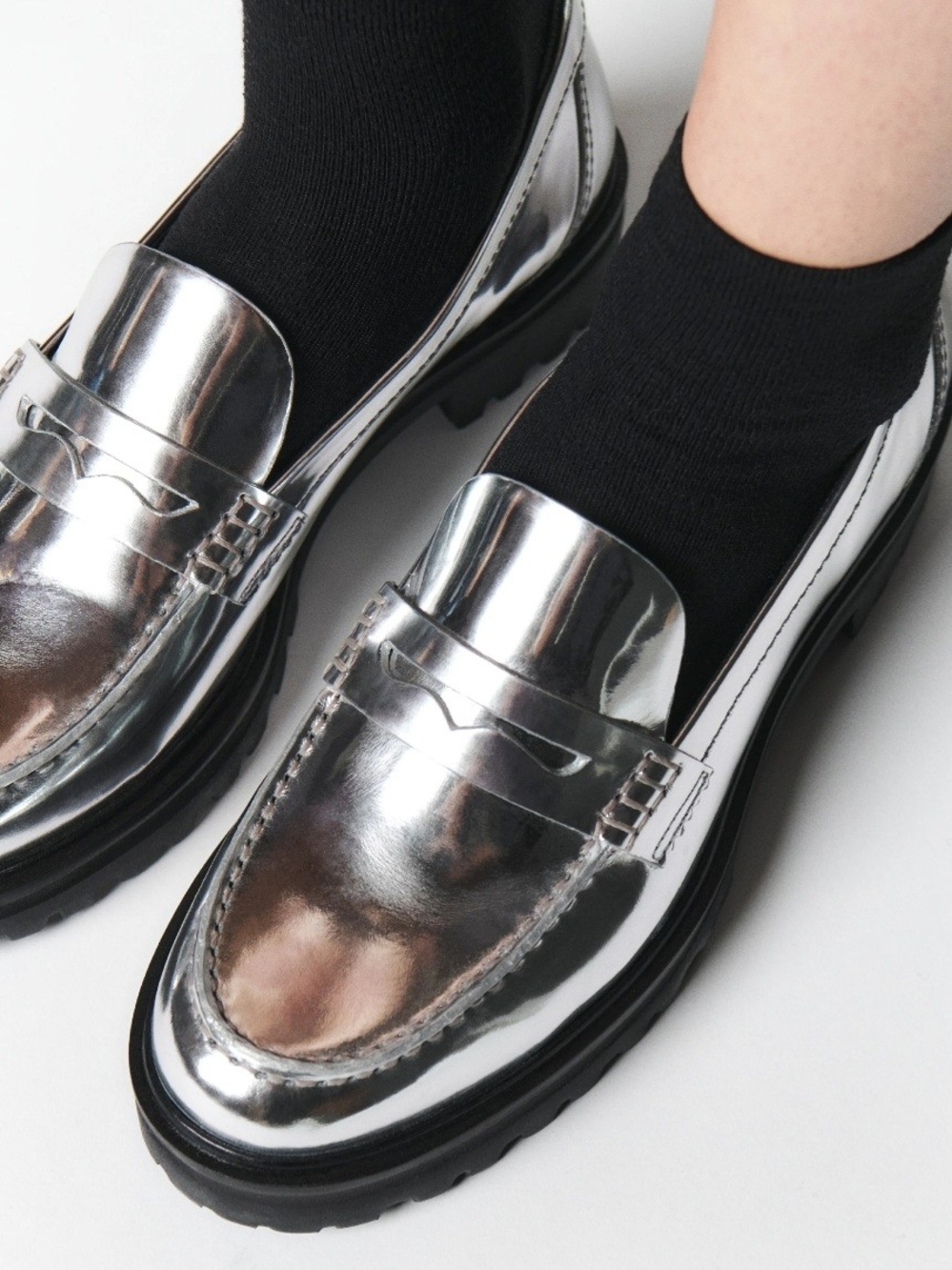 Womens Metallic Silver Penny Loafers - Sleek Slip-On Dress Casual